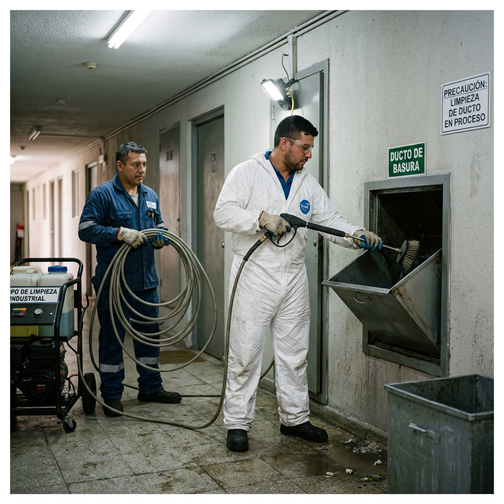 Limpieza ducto de basura en edificio