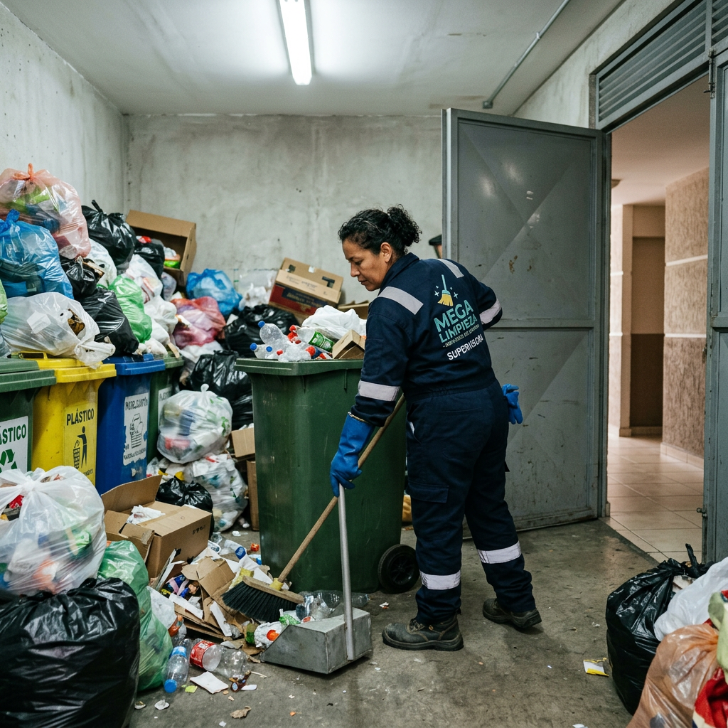 Persona limpiando sala basura edificio MEGA LIMPIEZA uniforme